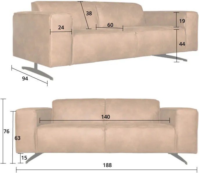2-zits bank Lambada | leer Colorado cognac 03 | 1,88 mtr breed