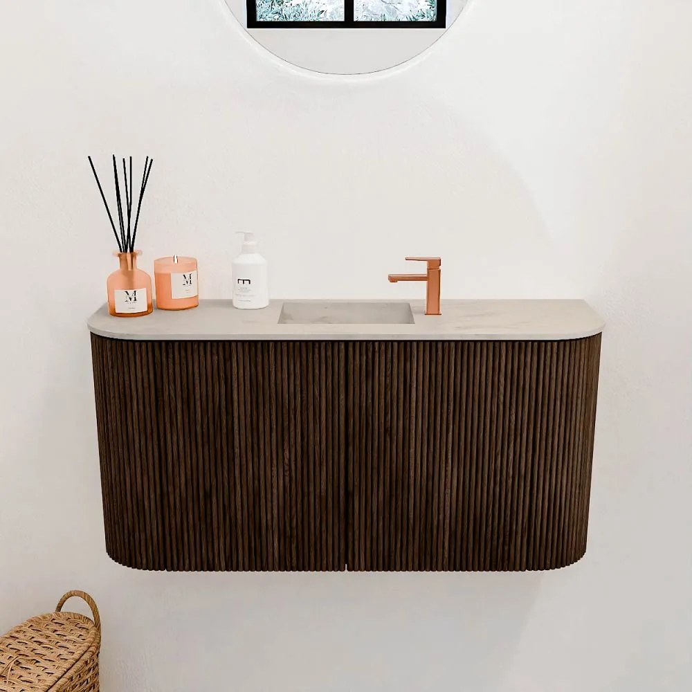Mondiaz Joya DLux 85cm toiletmeubel ronding links/rechts walnut met wastafel faye midden 1 kraangat opalo