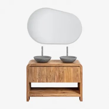 Vacry Houten Badkamermeubelset Acacia Bruin & 2 X Ronde Grijze Cement Ø40 Cm Tarsis & Ovaal Led En Anticondens 120x80 Cm Riben & 2 X Geborsteld -