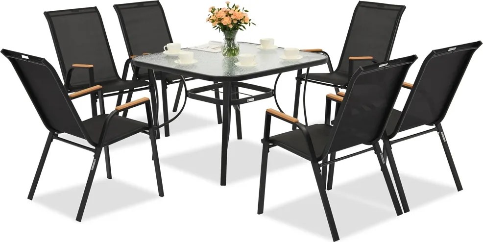 Modena/Bitonto Wood zwarte tuintafel voor 6 personen met Garden Point vierkante tafel