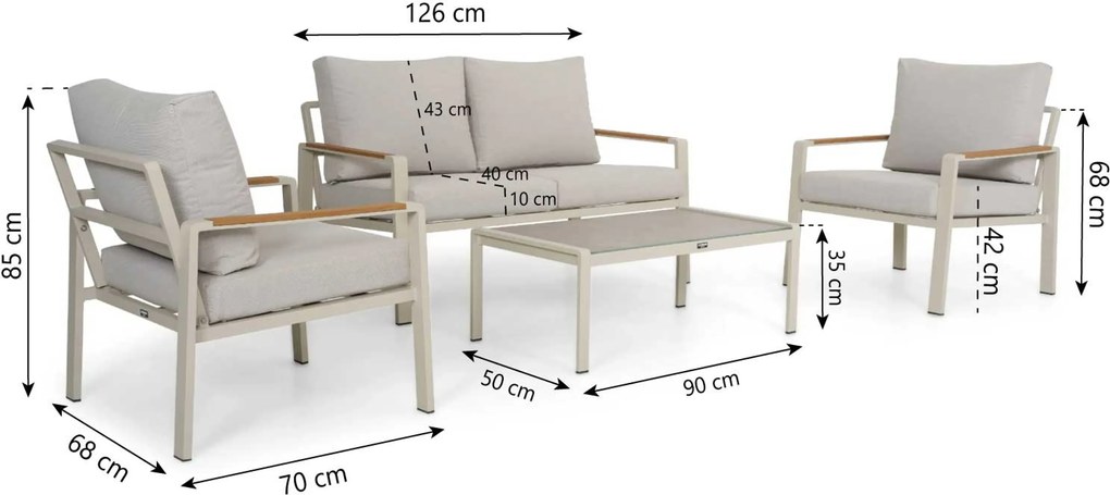 Stoel en Bank Loungeset 4 personen Aluminium Zand/Beige  Domani Furniture Leaf