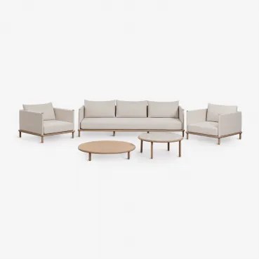 Woonkamerset Met 3-zitsbank, 2 Fauteuils En 2 Ronde Salontafels Van Acaciahout Olivia Lichte Acaciekleur & Lichtbruin Acacia - Wit Gardenia - Sklum