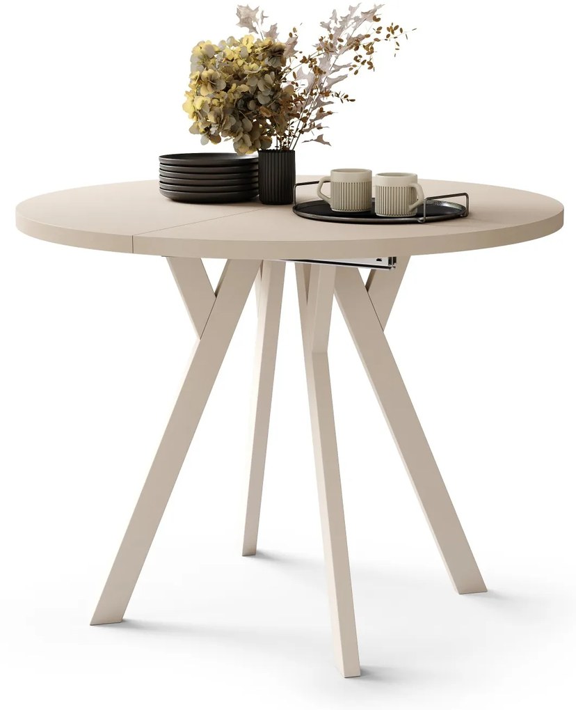 ALDO 100 Beige/Beige poten - RONDE LOFT/INDUSTRIËLE TAFEL VOOR WOONKAMER/EETKAMER, UITSCHUIFBAAR