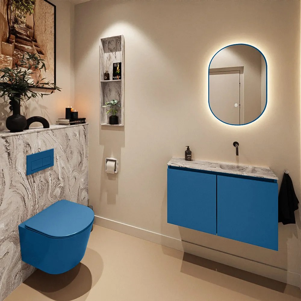 Mondiaz Ture DLux toiletmeubel 80cm jeans met wastafel glace rechts zonder kraangat