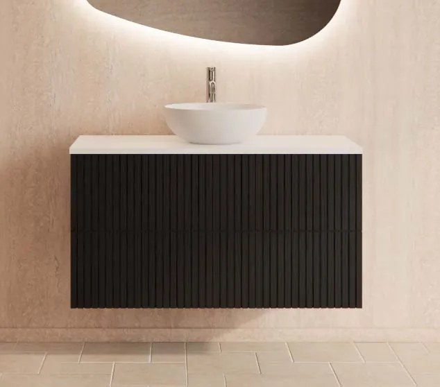 Gliss Design Hybris badkamermeubel met ribbelfront en mat wit toppaneel 100cm black veneer