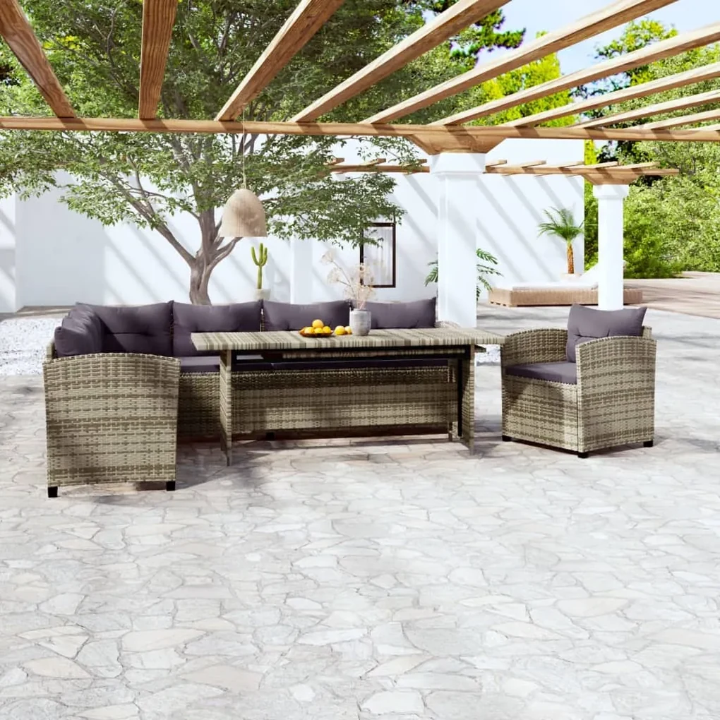 vidaXL 3-delige Loungeset met kussens poly rattan grijs