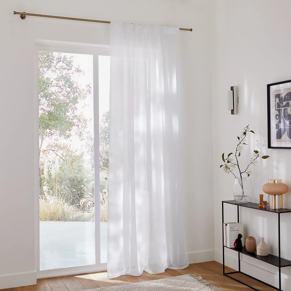 Glasgordijn van polyester en linnen met aangerimpelde bies en golf, Aron