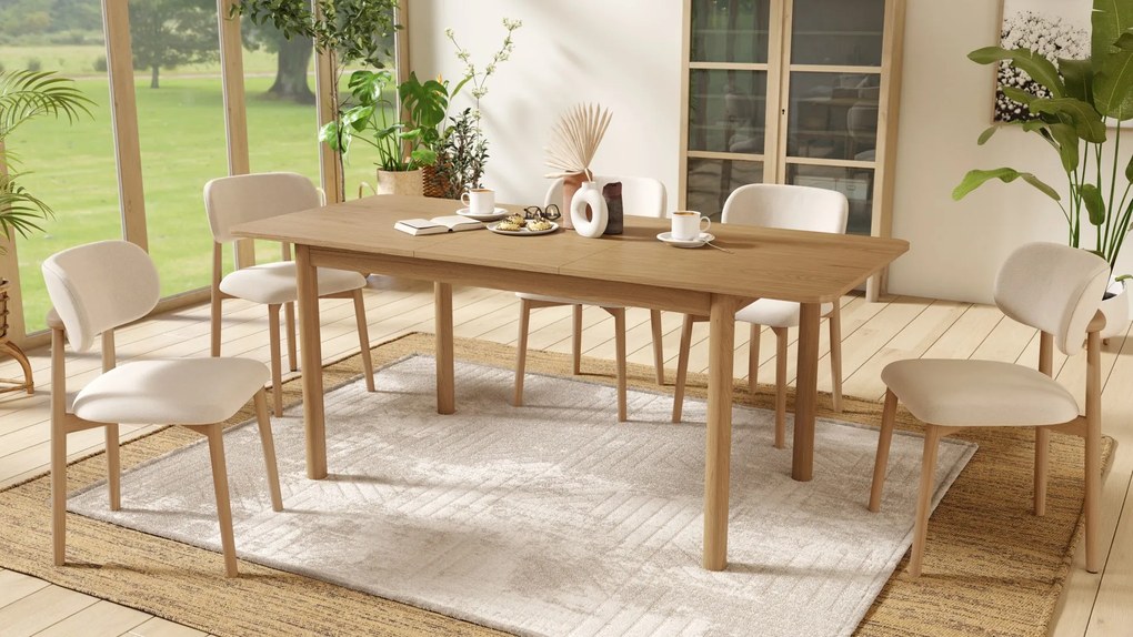 ALMO Beige (stof Apia 453)/gelakt eiken frame – HOUTEN STOEL VOOR WOONKAMER, EETKAMER, KEUKEN RETRO