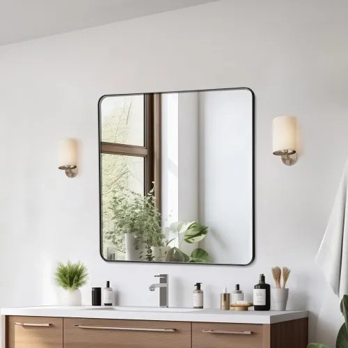 VEVOR Wandspiegel Make-upspiegel Badkamerspiegel 915 x 915 x 25 mm Zwart frame Gemaakt van aluminiumlegering Spiegel met Z-vormige beugel voor badkamer Slaapkamer Woonkamer