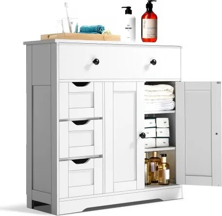 VEVOR 4-laags houten badkamerkast met 2 deuren, 4 lades en verstelbare plank, staande kast voor keuken/woonkamer/entree, opbergkast keukenkast wit