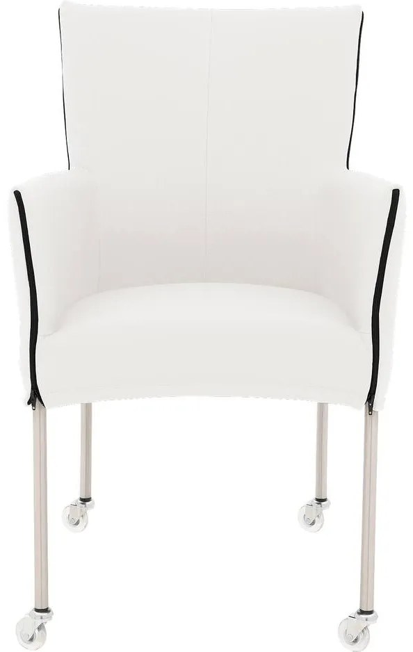 Goossens Eetkamerstoel Funk RVS Poten wit leer met armleuning en Transparant skater wiel met rvs kapmet wielen, modern design