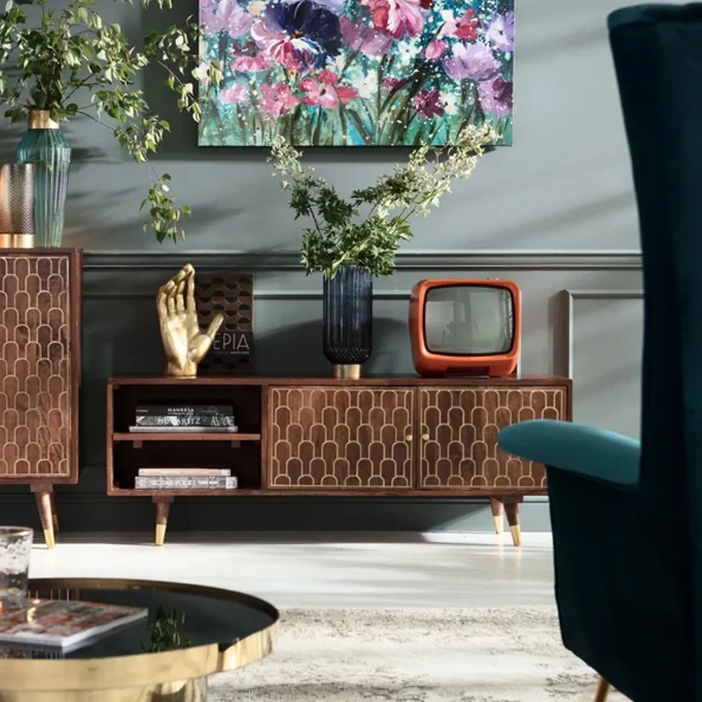 Mangohouten Tv-meubel Goud - 140x35x50cm.
