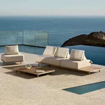 Tuinset Met 2-delige Modulaire Bank Met Bijzettafel, Fauteuil En Salontafel 160x95 Cm In Portet Acacia Gardenia Wit - Sklum