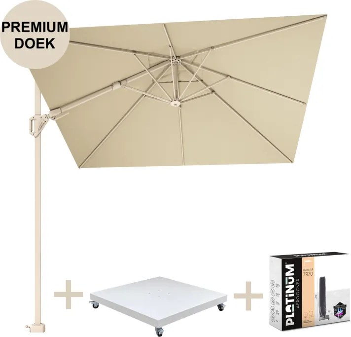 Challenger T2 premium parasol 300x300 cm sandstone champagne met zandkleur 90KG voet en hoes