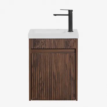 Narek Zwevend Houten Badkamermeubelset Met Geïntegreerde Wastafel Spiegelloze & Donker Hout & Mat Zwart ↑20 Cm Met Aftapkraan Zonder Overloop Alameda