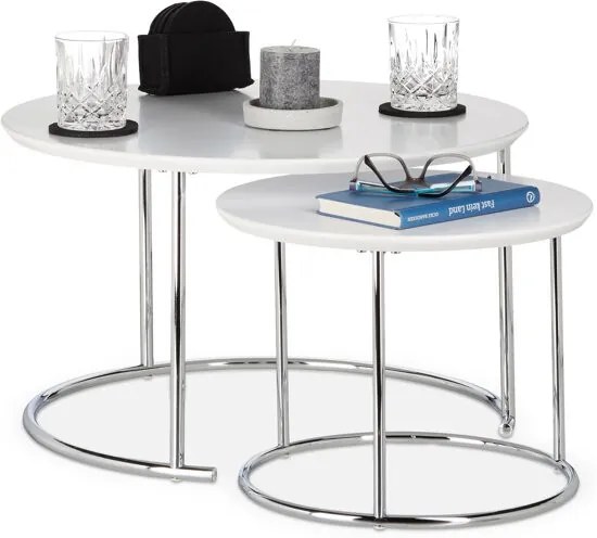 Bijzettafel 2er set - nest tafels rond - kleine salontafel 60 x 60 - hout - wit