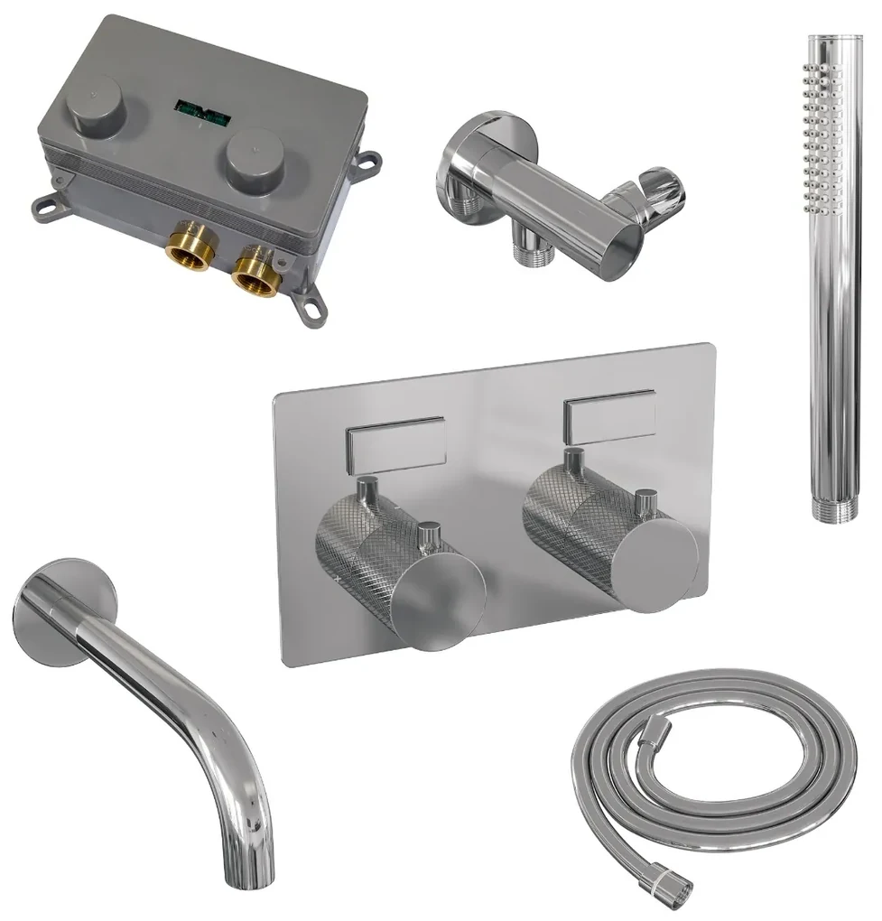 Brauer Chrome Carving thermostatische inbouw badkraan met uitloop en staafhanddouche set 3 chroom