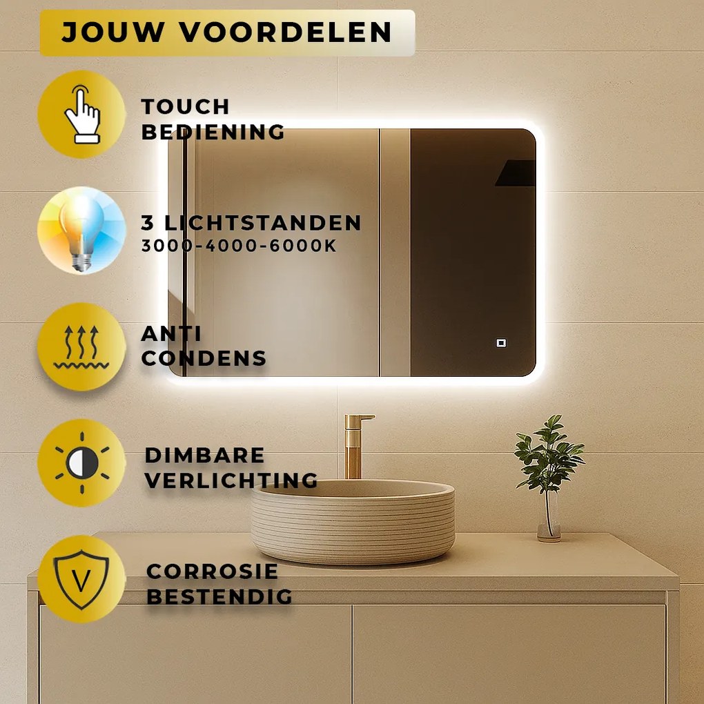 Badkamer Spiegel Misha 80x60CM | LED Verlichting V+A | Condensvrij | Dimbaar