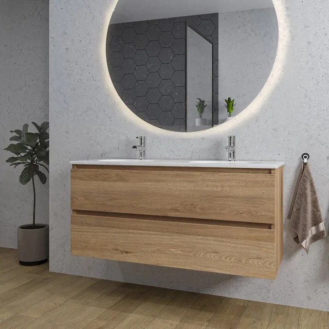 Adema Chaci Badkamermeubelset - 120x46x57cm - 2 ovale keramische wasbakken wit - 2 kraangaten - 2 lades - ronde spiegel met verlichting - eiken SW718703/SW718719/SW161923