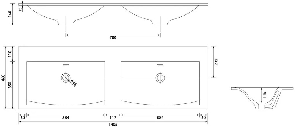 Brauer Glacier dubbele wastafel fine stone 140cm zonder kraangaten wit mat