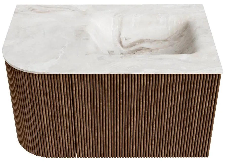 Mondiaz Kurve-dlux 75cm badmeubel ronding links walnut met 1 lade en deur en wastafel grunne kraangat rechts frappe