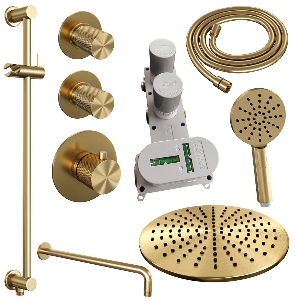 Brauer Gold Carving complete inbouw regendouche set 22 met 30cm douchekop, gebogen muurarm, 3 standen handdouche en glijstang geborsteld messing PVD
