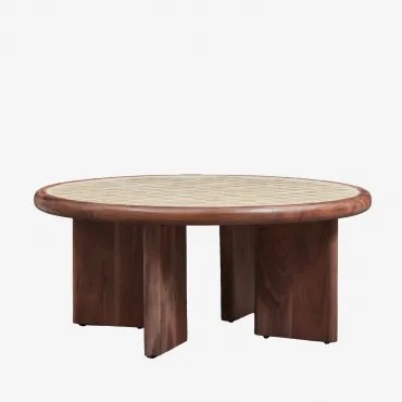 Ronde Salontafel Ø80 Cm Van Acaciahout En Aitana-tegels Tapioca Beige - Donker Acaciabruin - Sklum