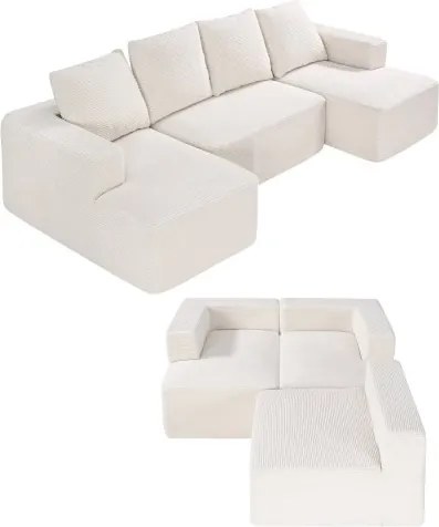 VEVOR Modulaire Bank U-vormige Hoekbank met Hoogwaardig Veerkrachtig Schuim en Hoogwaardig Gestoffeerde Corduroy Bank (Laadvermogen 545 kg) met Kussens voor Woonkamer Appartement Beige