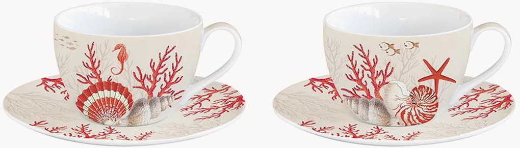 Porseleinen koffiekopjes Coral Reef met schoteltjes, Set van 2