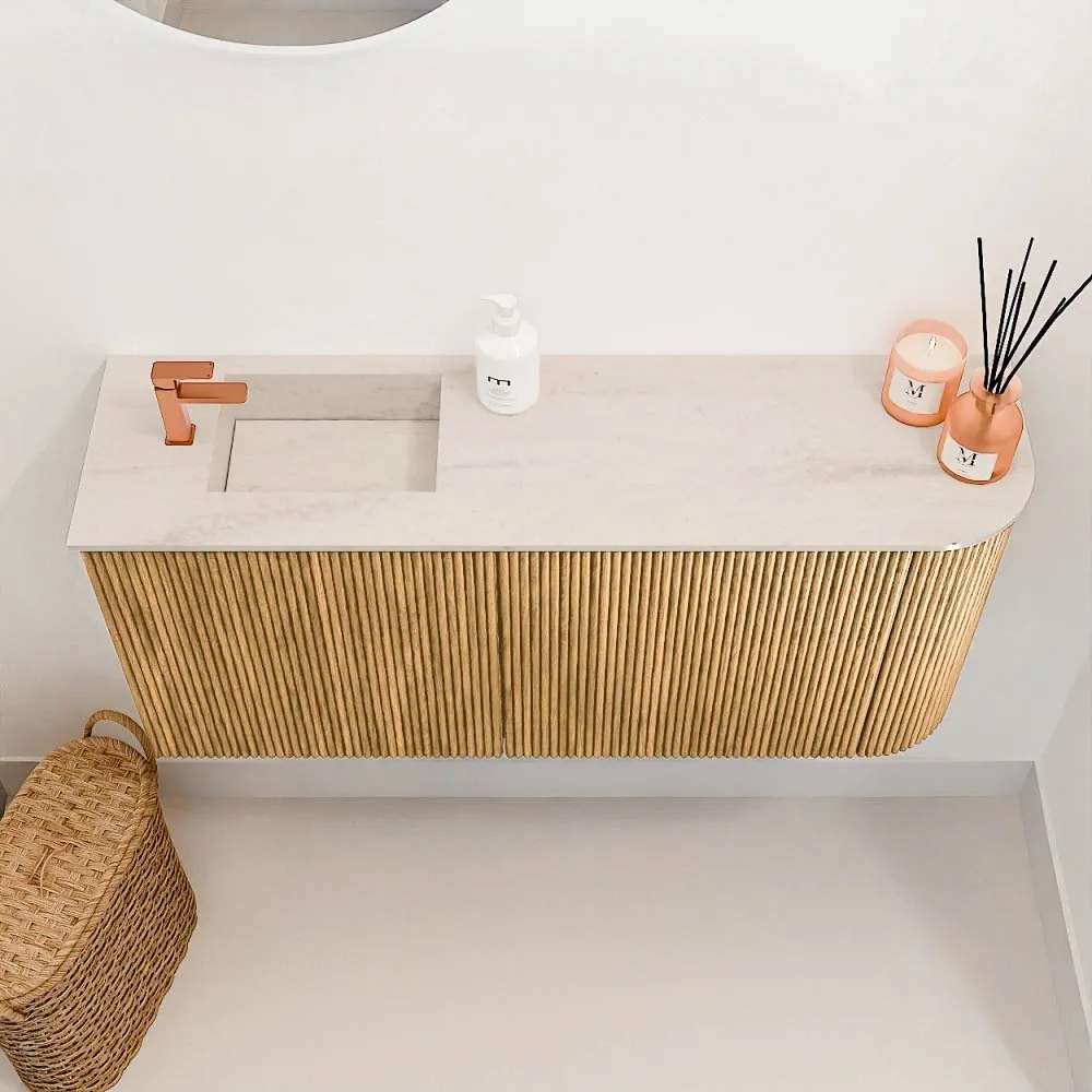 Mondiaz Joya DLux 90cm toiletmeubel ronding rechts oak met wastafel faye links 1 kraangat meli