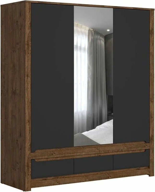 Kledingkast Ophevaru 114, Matzwart, April eiken, 205x179x61cm, 186 kg, Kledingkast deuren: Met scharnieren, Aantal planken: 5, Aantal planken: 5