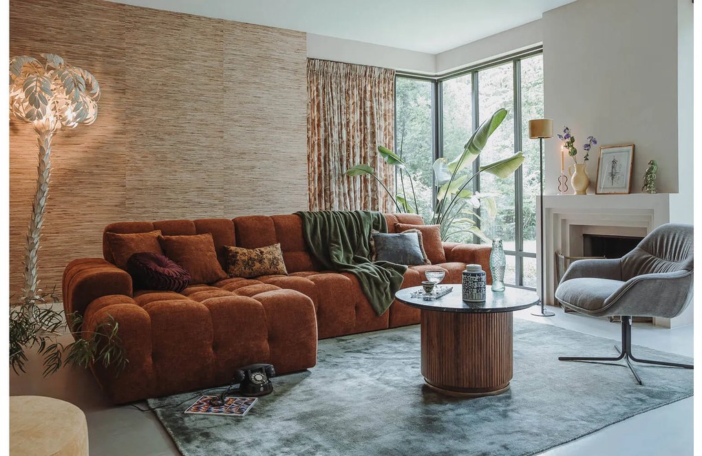 Goossens Excellent Bank Kubus - 40 X 40 Cm Stiksel rood, stof, 1,5-zits, modern design met chaise longue rechts