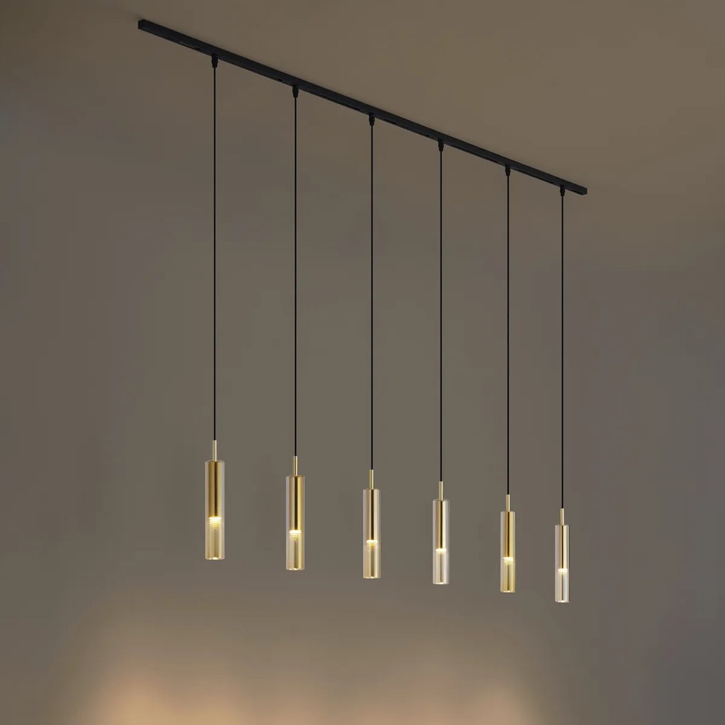 Modern railsysteem zwart met 6 hanglampen goud met amber glas 1-fase - Slimline Loyce