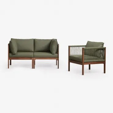 Tuinset Met 2-delige Modulaire Bank Met Armleuningen En Fauteuil Van Acaciahout Branson Intens Olijfgroen - Donker Acaciabruin - Sklum