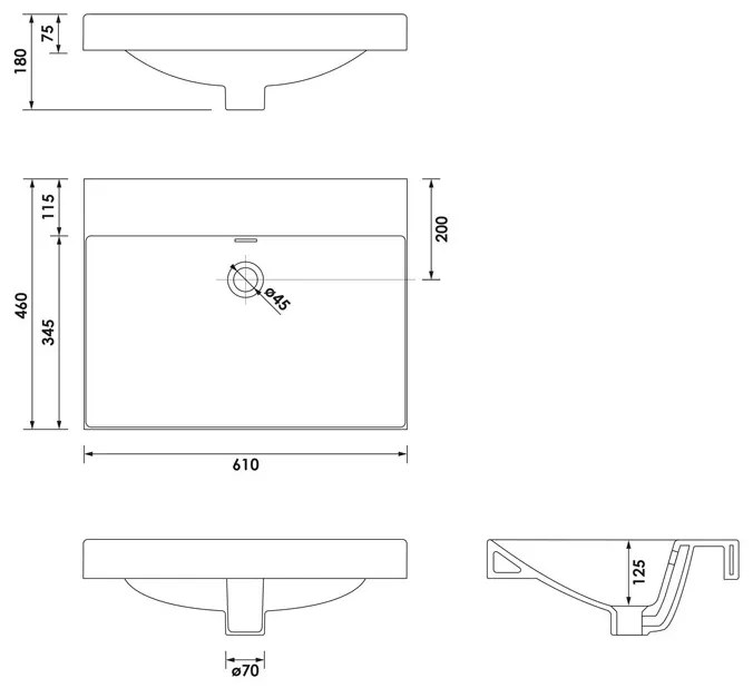 Brauer Aurora wastafel keramiek 60cm zonder kraangat wit glans