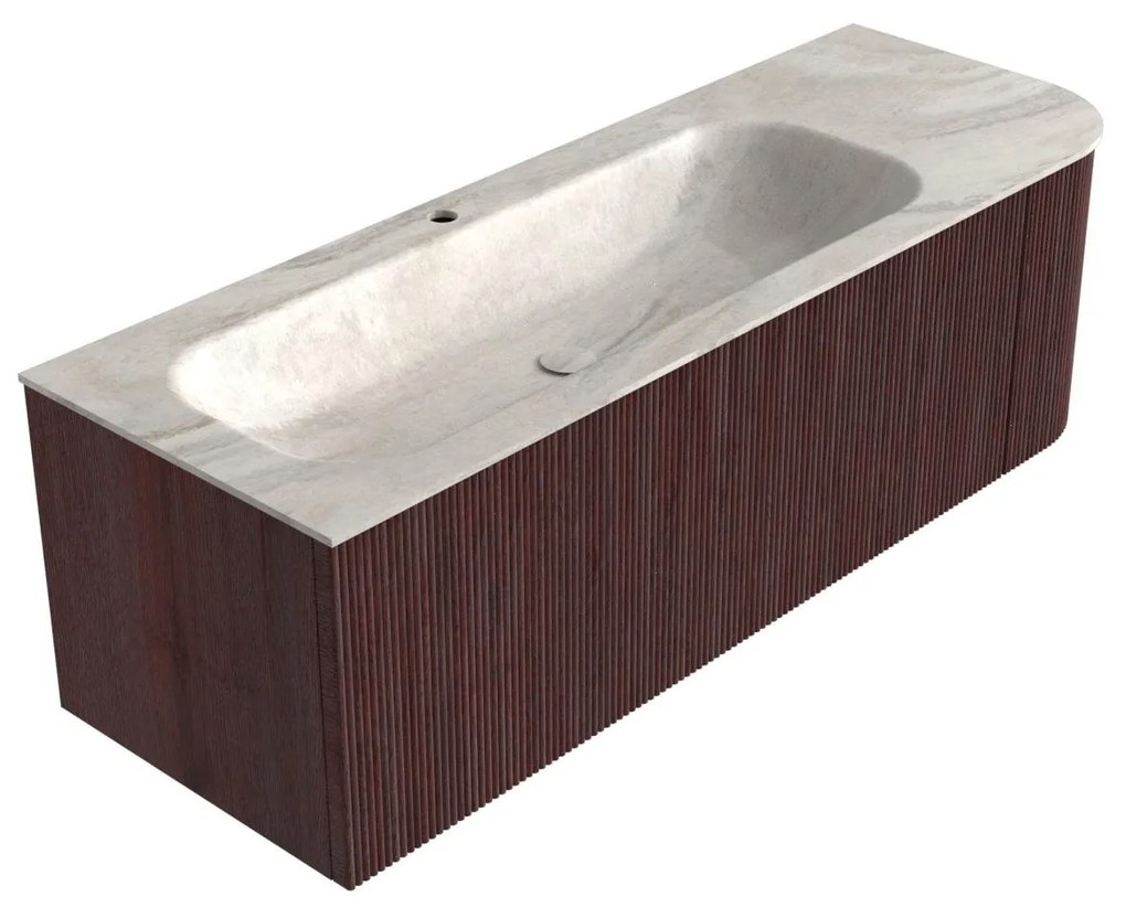 Mondiaz Kurve-dlux 135cm badmeubel ronding rechts ruby met 1 lade en deur en wastafel big medium kraangat links ostra
