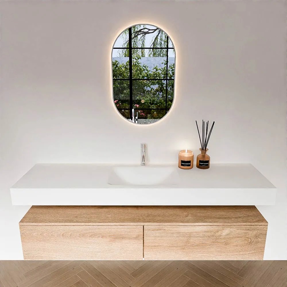 Zaro Alan badmeubel 170cm washed oak 2 lades met vrijhangende wastafel cloud midden 1 kraangat talc