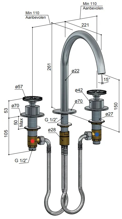 Hotbath Cobber @Work wastafelmengkraan 3 gats geborsteld messing PVD