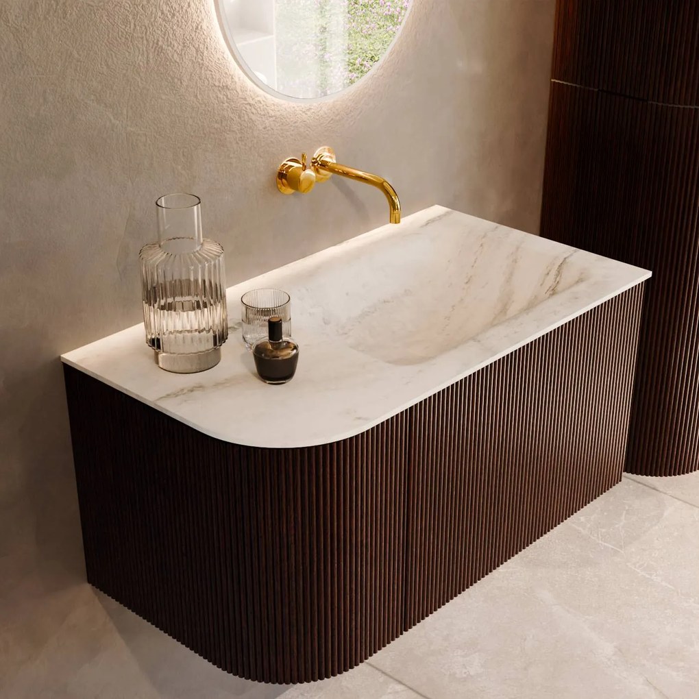 Mondiaz Kurve-dlux 85cm badmeubel ronding links ruby met 1 lade en deur en wastafel cloud rechts zonder kraangat opalo