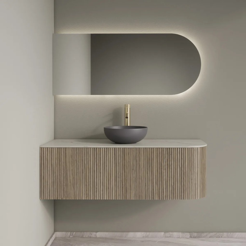 Gliss Design Alluro badmeubel ribbelfront met ronding rechts 120cm corn silk en wit marmer toppaneel