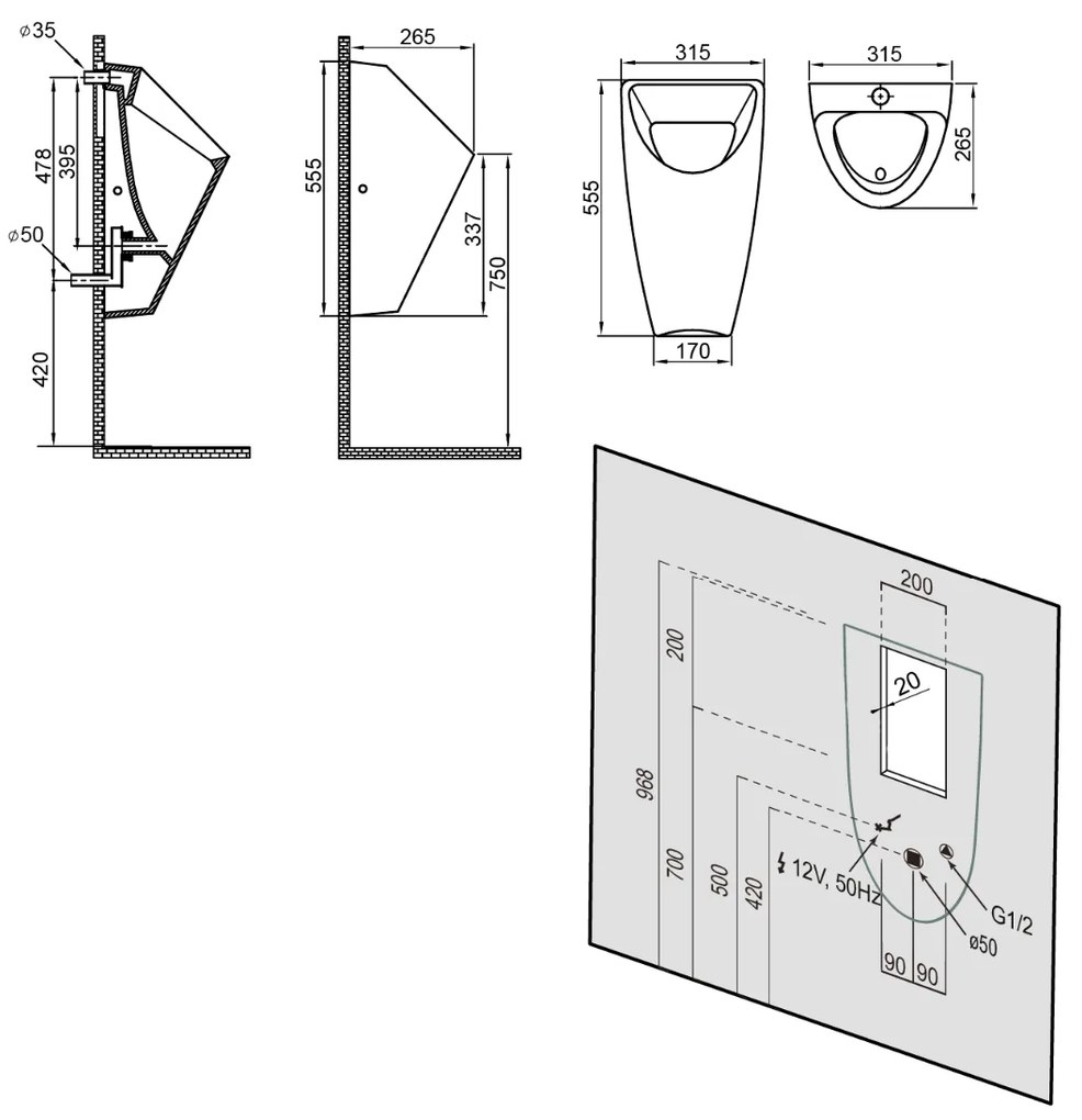 Bruckner Schwarn urinoir met spoeling 31,5x26,5cm wit