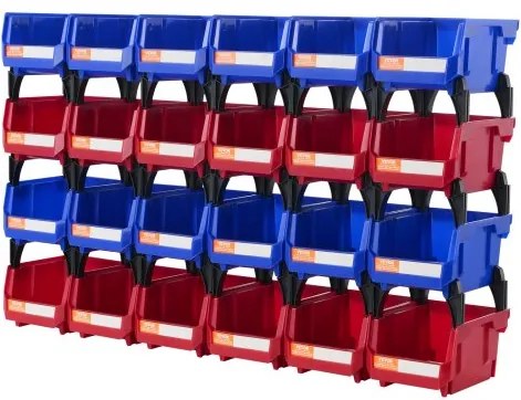 VEVOR kunststof opbergbak (5 inch x 4 inch x 3 inch), hangende stapelbare opbergbak, blauw/rood, verpakking van 24, stevige stapelbare containers voor kast-, keuken-, kantoor- of voorraadkastorganisatie