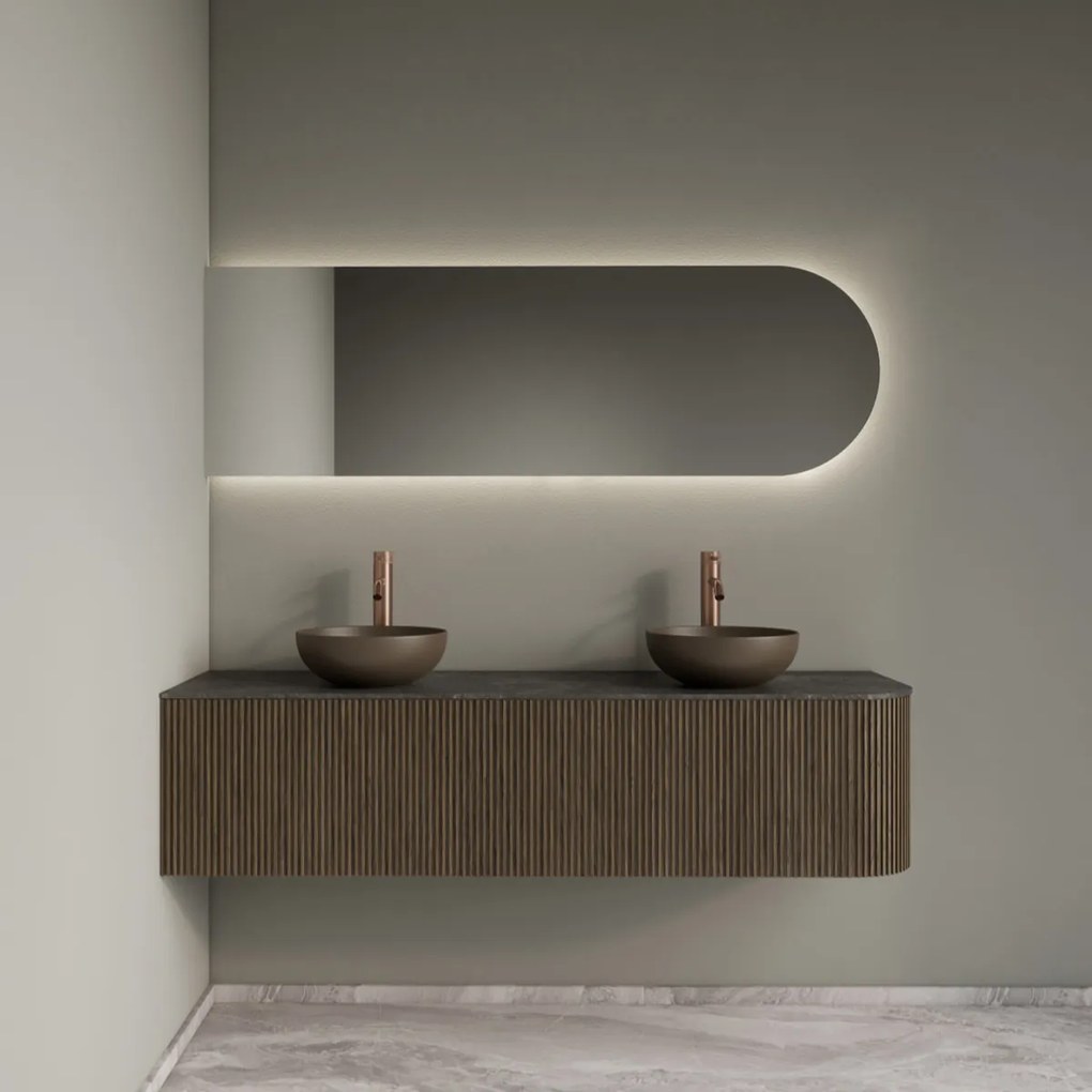 Gliss Design Alluro badmeubel ribbelfront met ronding rechts 160cm ash grey en zwart leisteen toppaneel
