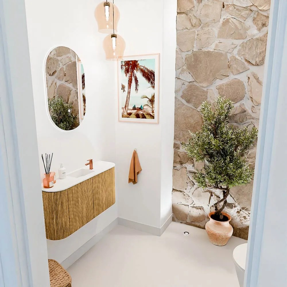 Mondiaz Joya 85cm toiletmeubel ronding links/rechts oak met wastafel faye midden 1 kraangat talc