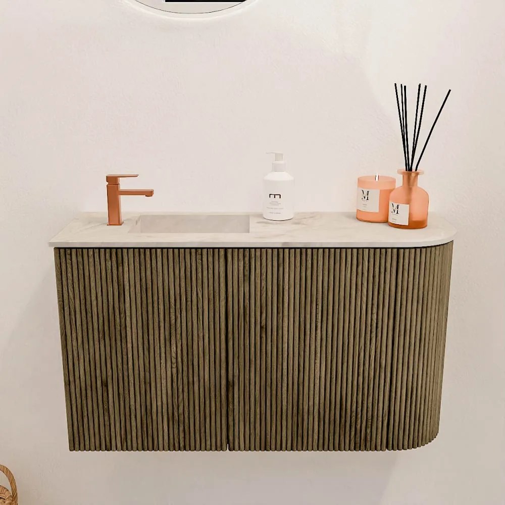 Mondiaz Joya DLux 70cm toiletmeubel ronding rechts dusk met wastafel faye links 1 kraangat frappe