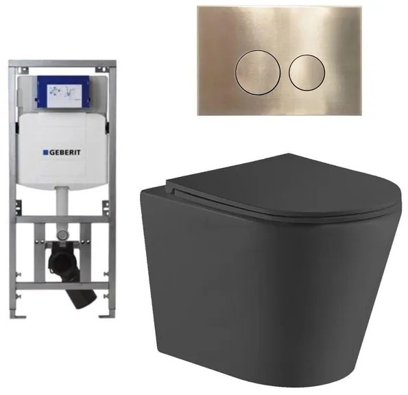 QeramiQ Dely Toiletset - 36.3x51.7cm - diepspoel - rimless - Geberit UP320 inbouwreservoir - met Burda frame - softclose toiletzitting - geborsteld messing bedieningsplaat - ronde knoppen - zwart mat SW1026253/0701131/SW706200/SW1000768
