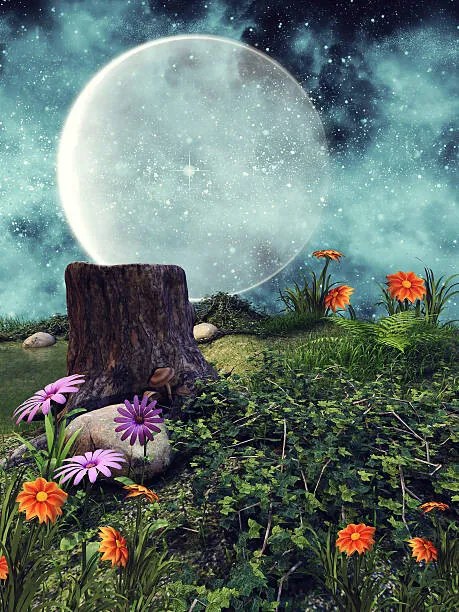 Ilustratie Night meadow with flowers, FairytaleDesign