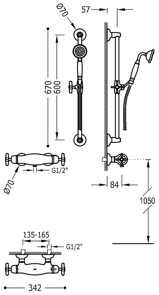 Tres Clasic thermostatische douchekraan met glijstangset verouderd messing