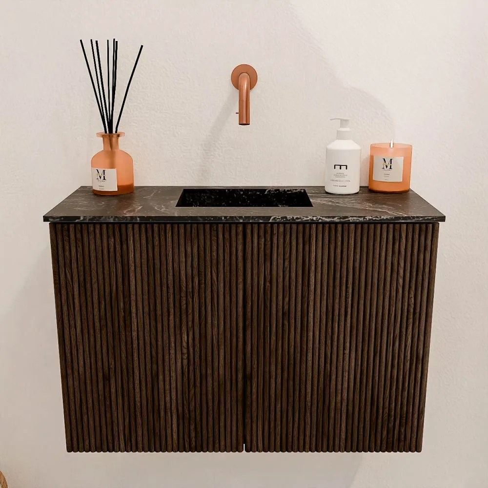 Mondiaz Joya DLux 60cm toiletmeubel walnut met wastafel faye midden zonder kraangat lava