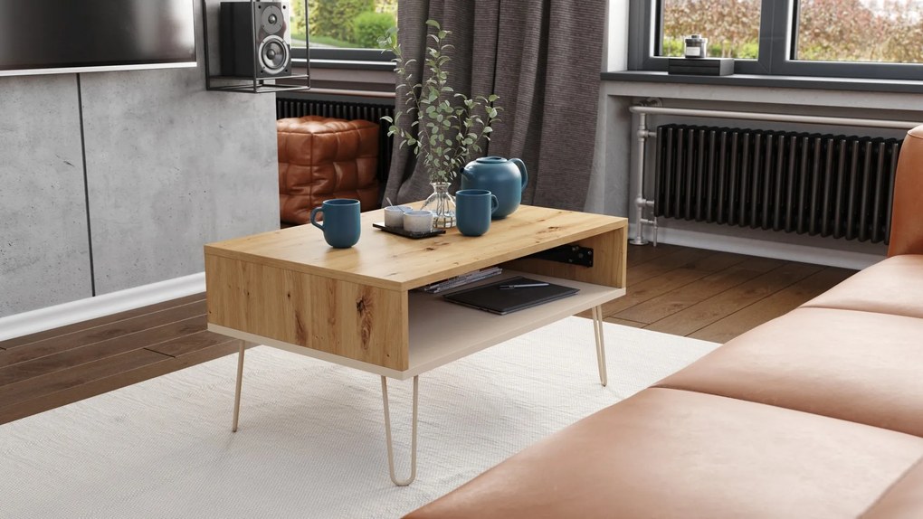 HAIRPIN S-90 Eik Artisan/Beige (Champagne) - MODERNE SALONTAFEL MET OPKLAPBAAR BLAD + OPBERGRUIMTE + PLANK